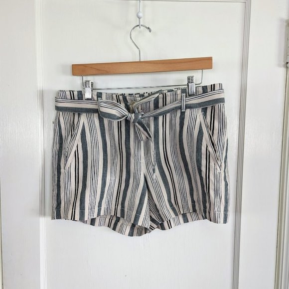 Loft Green Black Cream Striped Cotton Shorts w/ belted tie - Picture 1 of 9